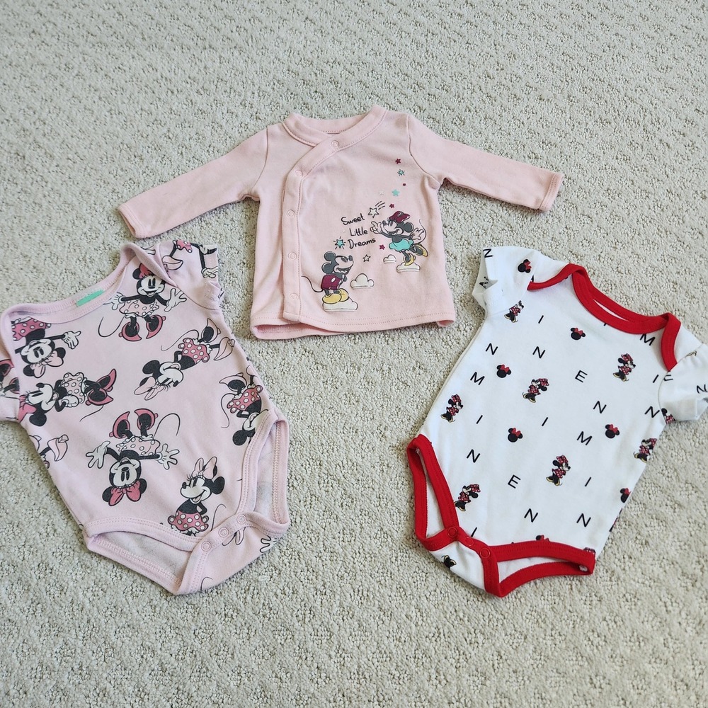 Disney Baby Minnie Mouse Pink White Bodysuits Side Snap Shirt Set size‎ 0-3M 3pc